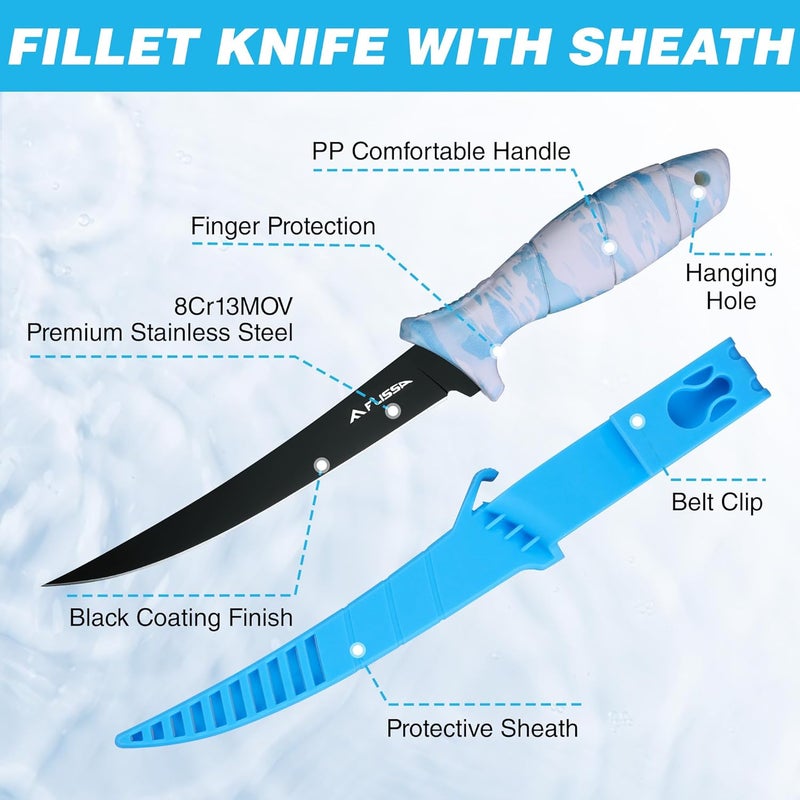 FLISSA Fillet Knife Set with 5"/6"/7"/9" Fillet Knives, Sharpener, Protective Sheath, Portable Roll Bag, Gifts for Fishermen, Saltwater & Freshwater Use - Image 3